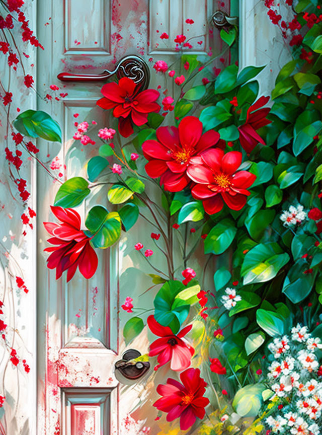 Vibrant white door with lush greenery and red flowers