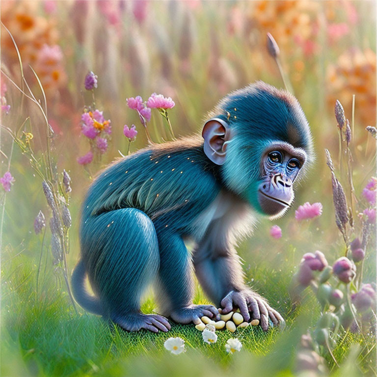 Vibrant illustration: small blue monkey among colorful flowers