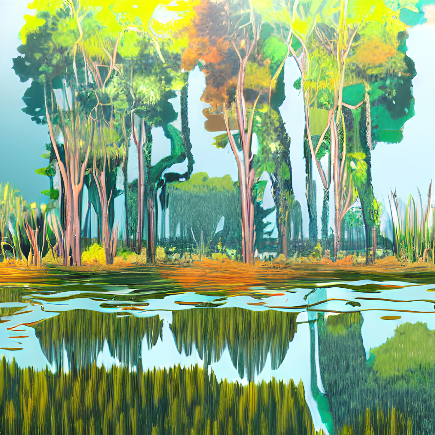 Stylized forest scene with lush greenery reflected on tranquil water surface