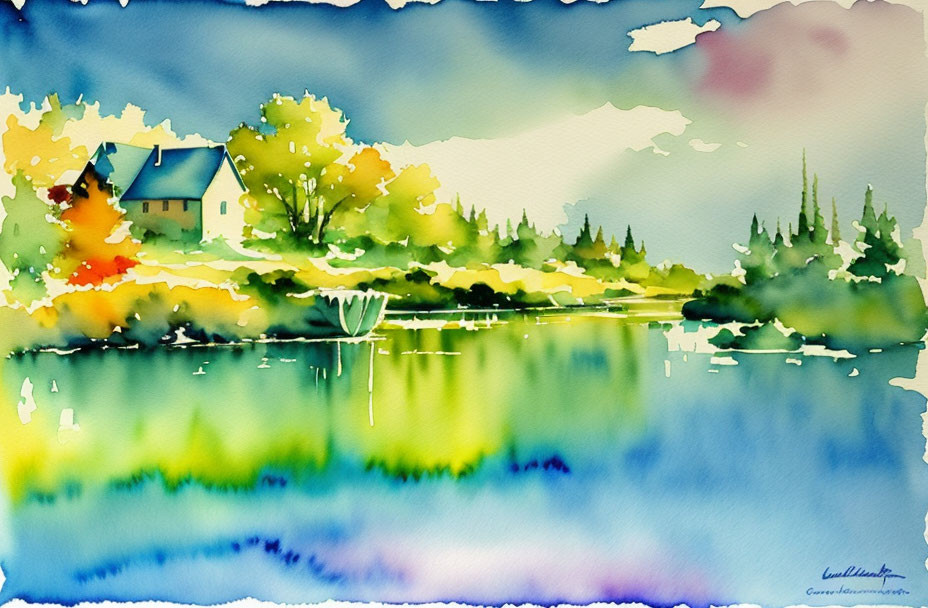 Serene landscape watercolor painting with house, trees, and lake reflections