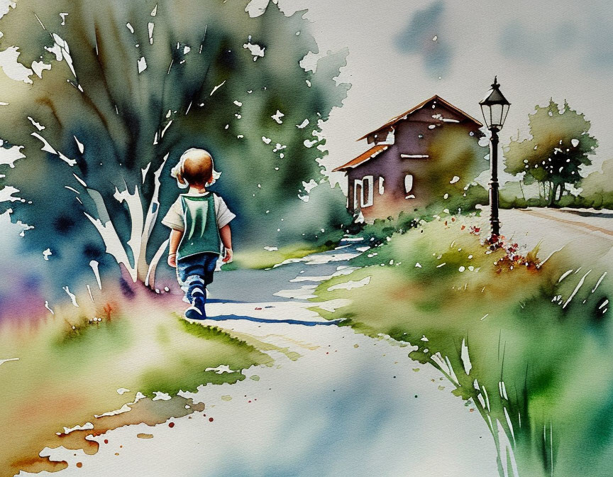 Vibrant watercolor painting of child walking towards house