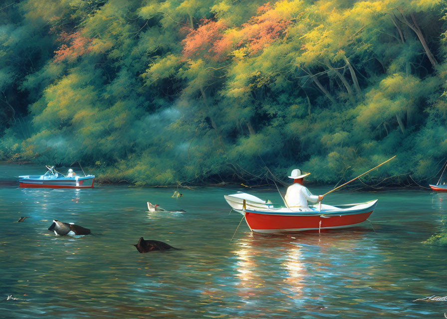 Tranquil painting of person fishing in red and white boat on calm waters