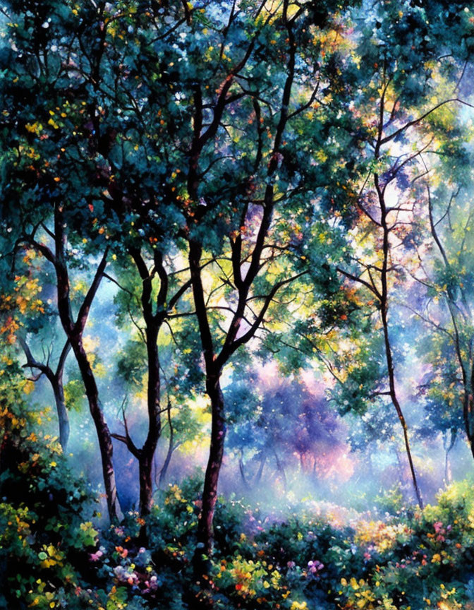 Colorful Forest Painting with Sunlight Beams