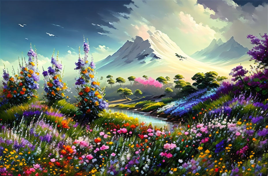 Colorful Flower Field Landscape with River, Mountains, and Cloudy Sky