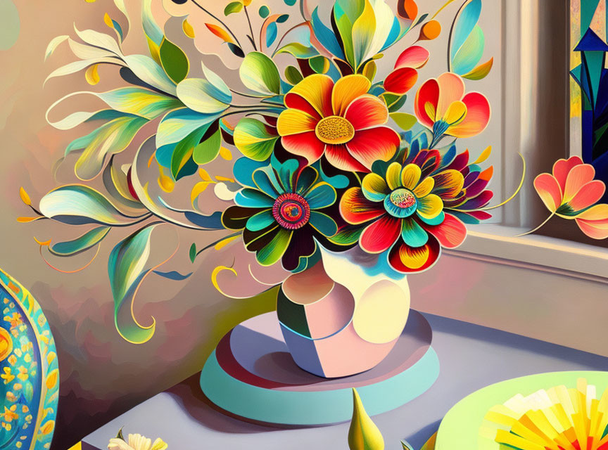 Colorful Floral Arrangement in Round Vase with Stylized Flowers