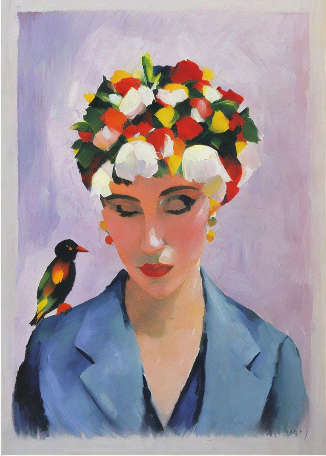 Woman with closed eyes wearing floral headdress and bird on shoulder on purple background