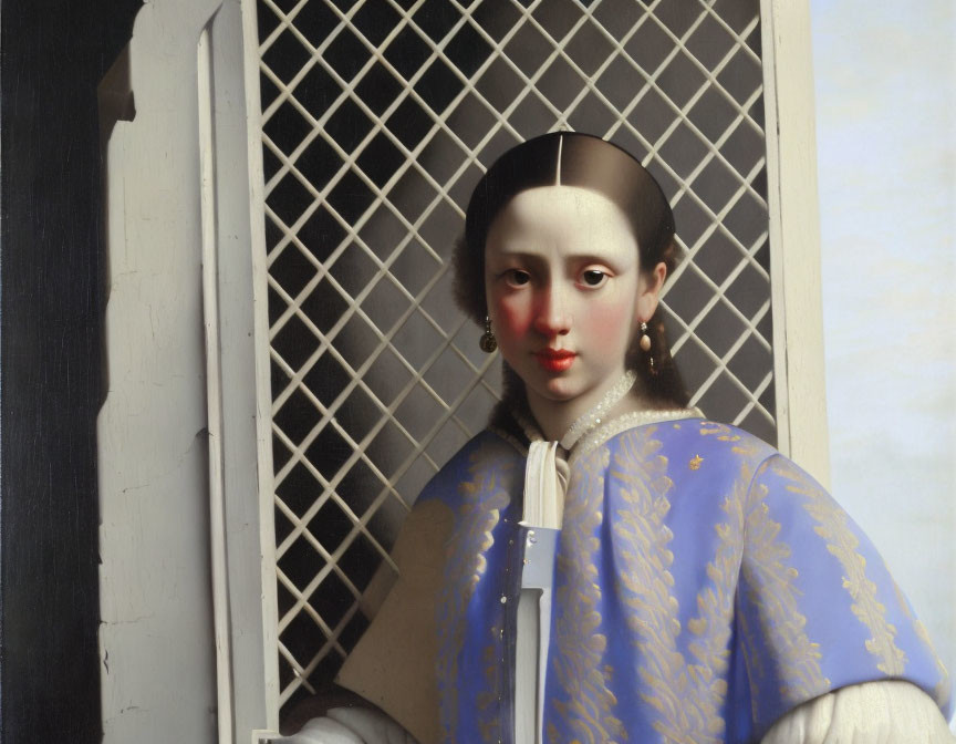 Portrait of Woman in Blue Dress with Gold Trim and Pearl Earring Standing Behind Lattice Window