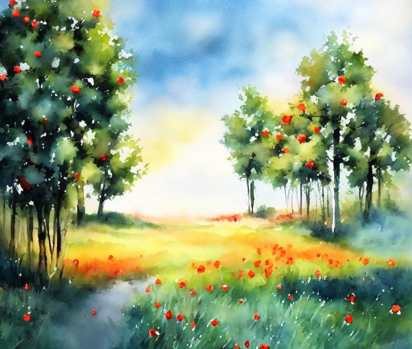 Vibrant Watercolor Landscape with Blooming Meadow and Luminous Sky