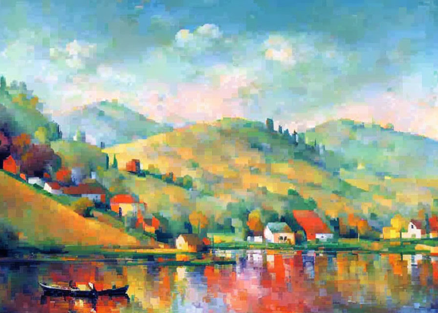 Impressionistic pastoral landscape with calm river, boat, rolling hills, and serene sky