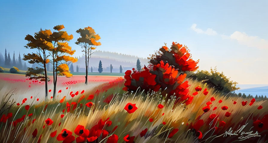 Colorful Landscape Painting: Field with Red Poppies, Golden Trees, Green Hills