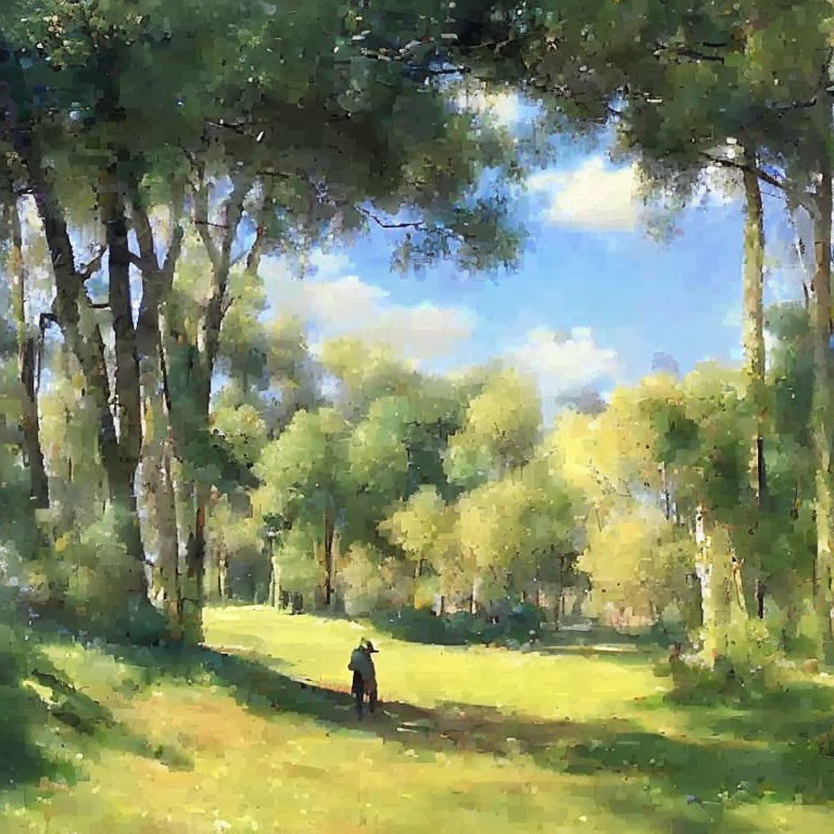 Tranquil painting of person in sunlit forest clearing