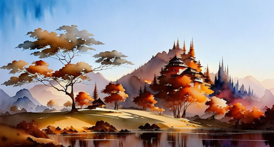 Serene landscape watercolor with autumn trees, pagodas, mountains, and lake