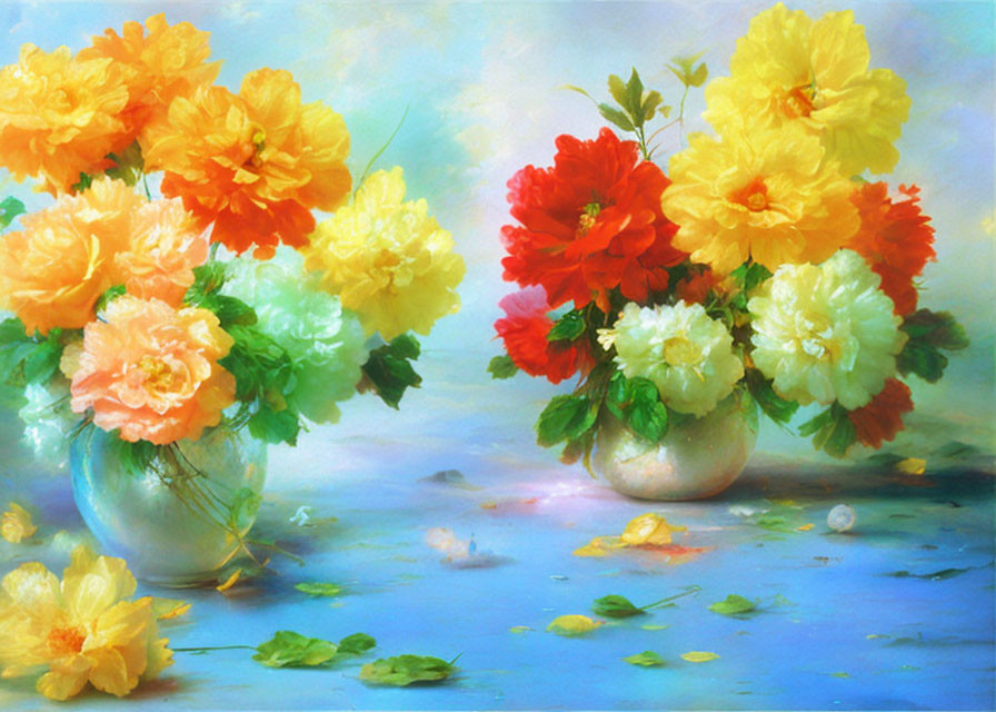 Colorful Still-Life Painting of Peonies in Vases on Blue Background