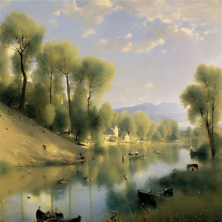Rural river scene with boats, fishing people, cows, village, and mountains