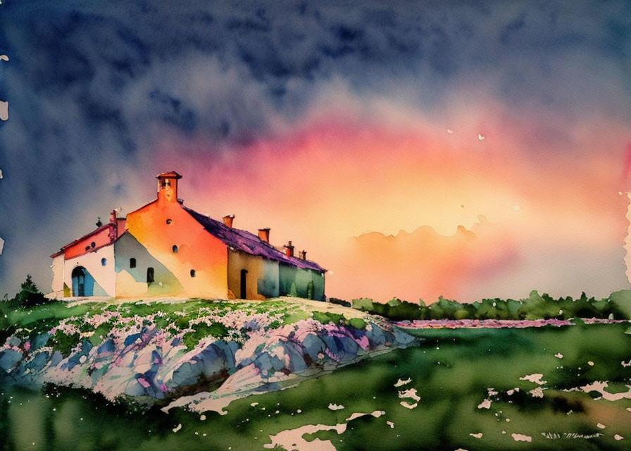 White House Watercolor Painting on Green Hill with Blooming Flowers & Sunset Sky