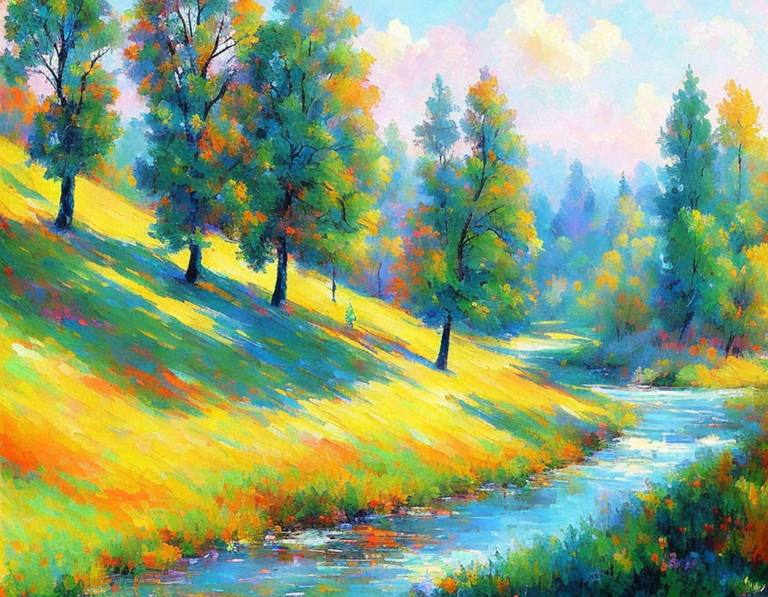 Impressionistic painting of lush landscape with stream & colorful trees