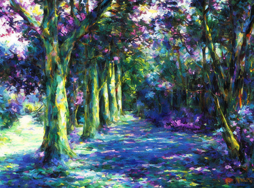 Impressionistic painting of sunlit forest with colorful flowers