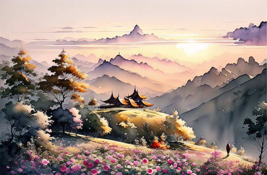Serene landscape watercolor painting with mountains, pagoda, trees, flowers, and person walking at