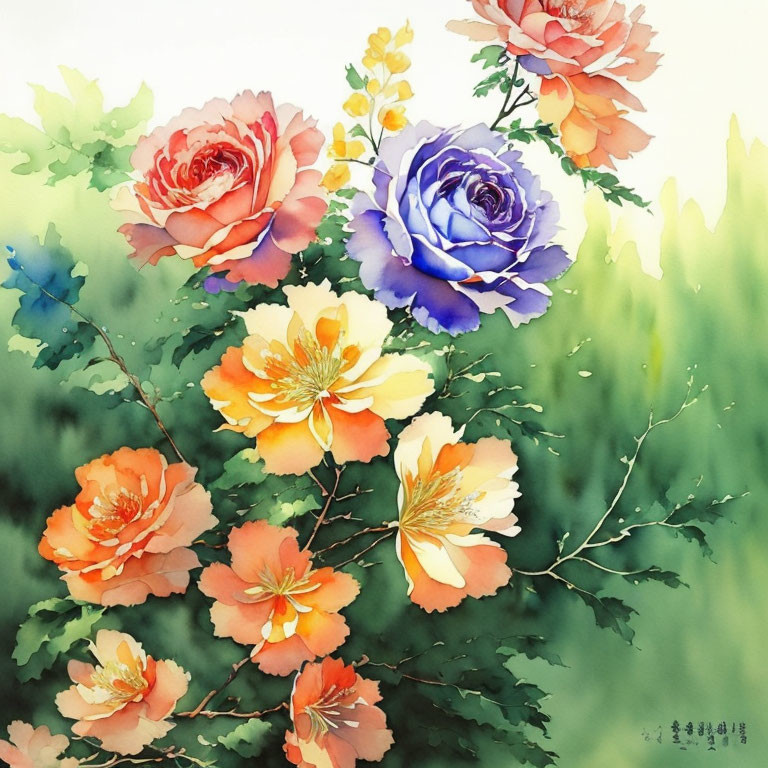 Vibrant Watercolor Painting of Colorful Flowers on Green Background