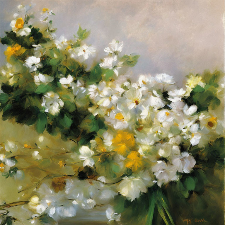 Lush White and Yellow Flowers in Impressionist Painting