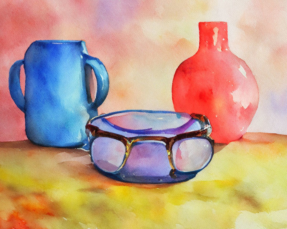Blue Mug, Red Vase, Glasses on Colorful Abstract Background