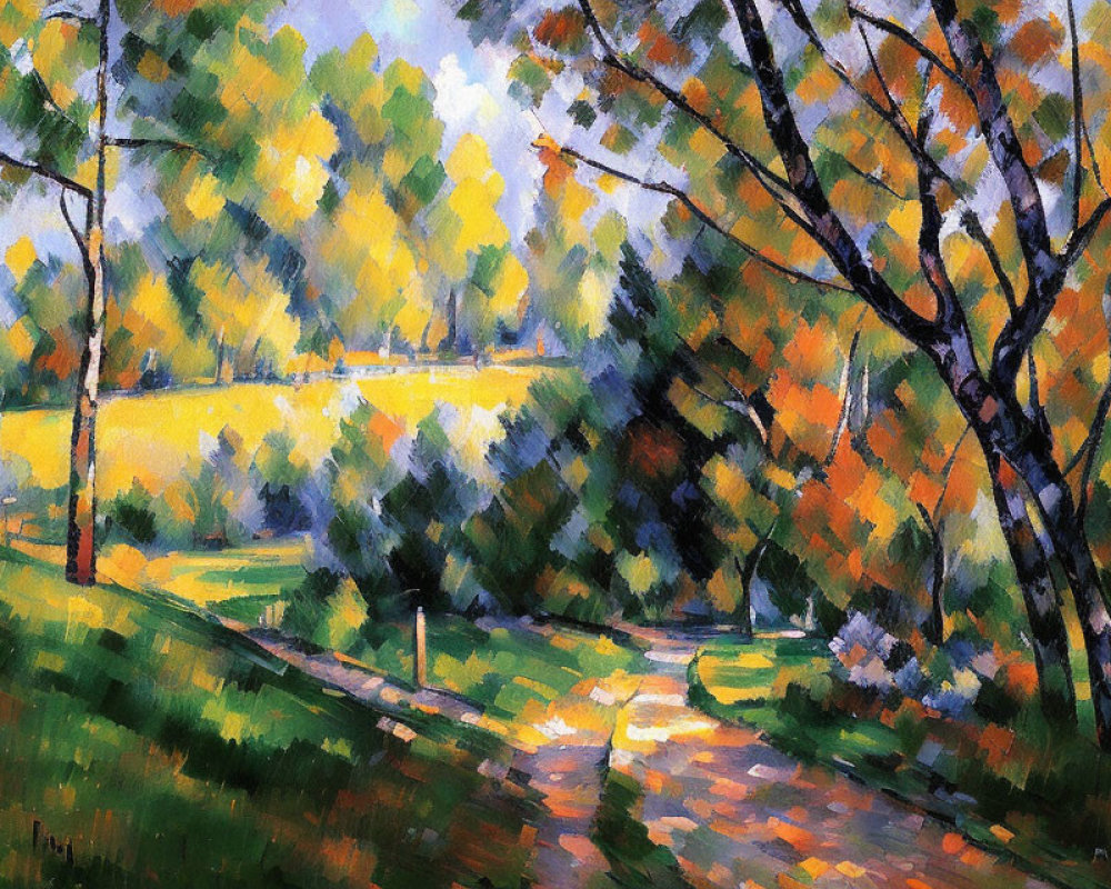 Vibrant impressionist painting of lush park with autumn foliage