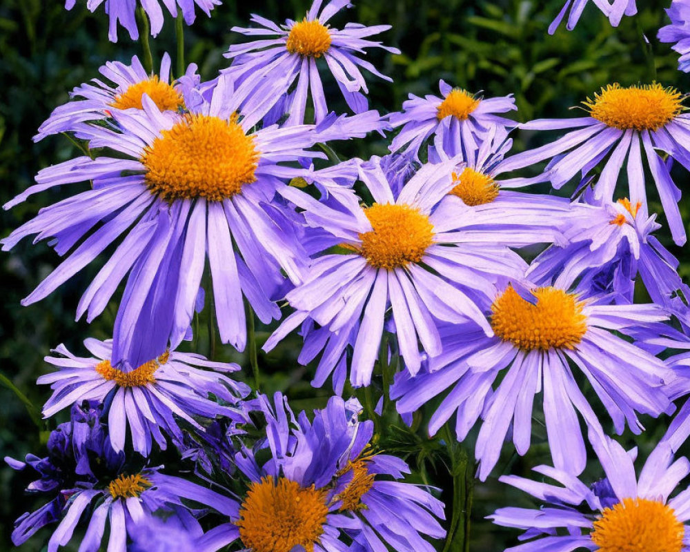 Vibrant purple aster flowers with yellow centers and water droplets on green background