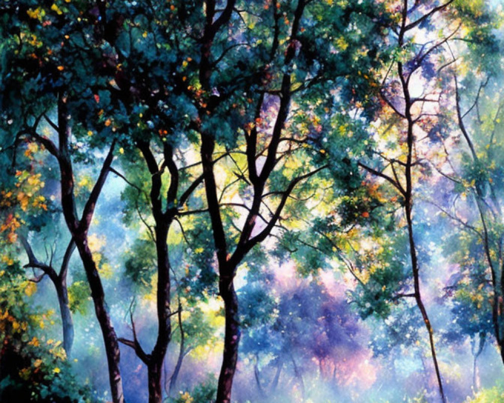 Colorful Forest Painting with Sunlight Beams