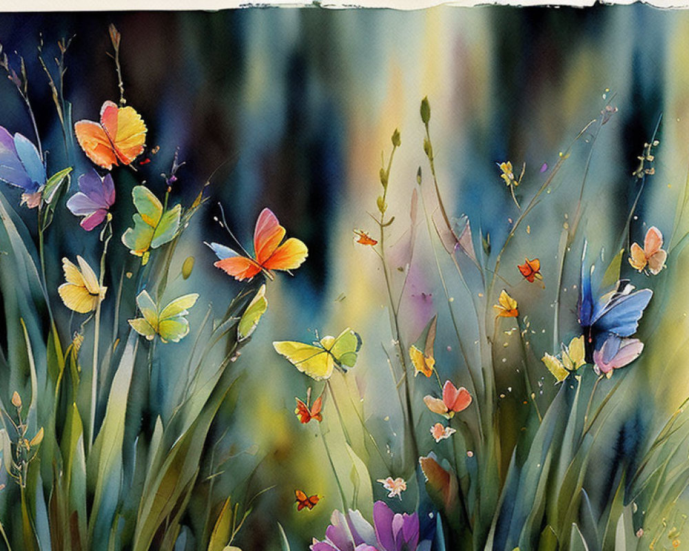 Vibrant watercolor-style meadow with colorful butterflies