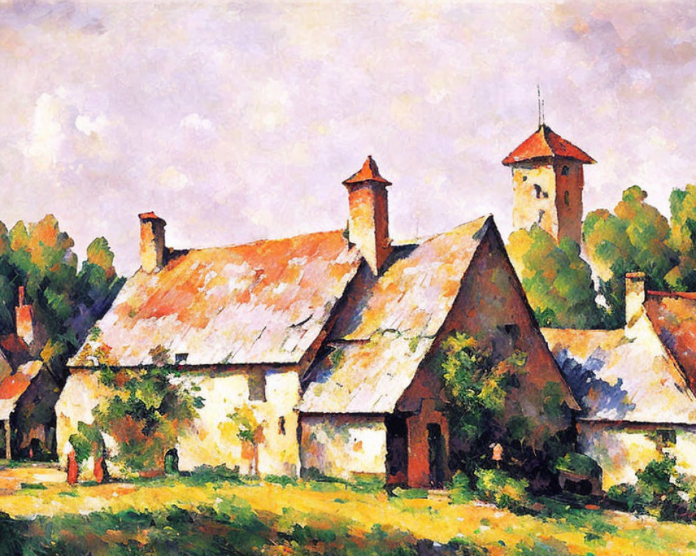 Impressionist-style painting of rural village with red roofs and lush greenery