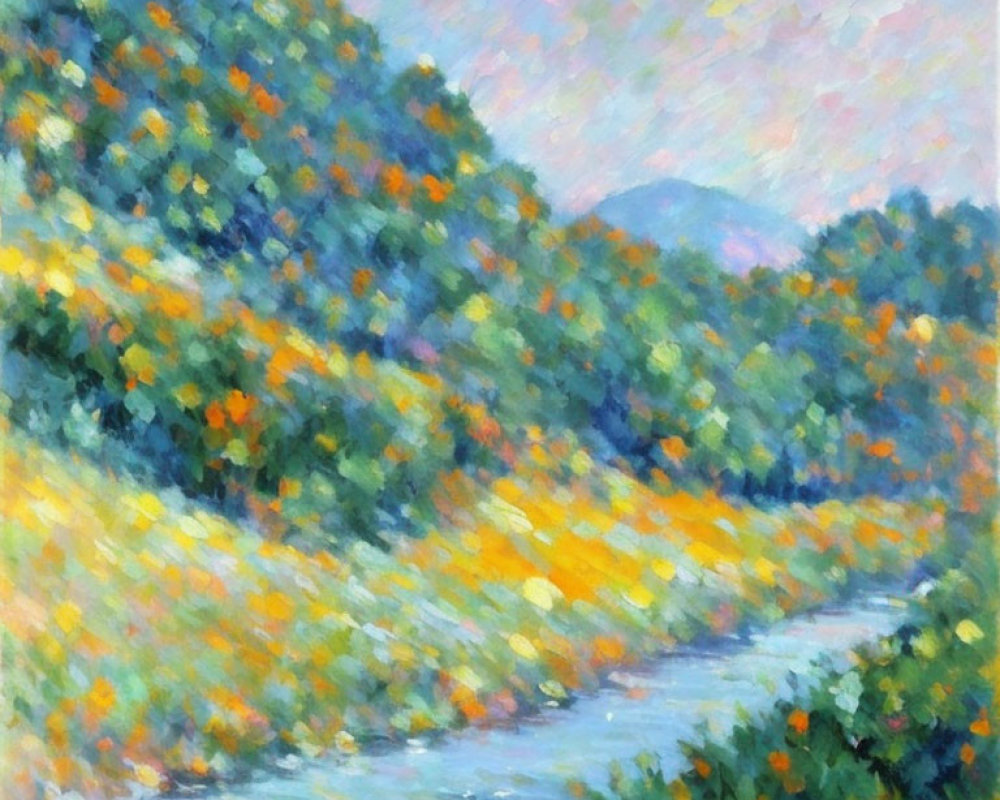 Vibrant flower-lined riverbank with hazy mountain.