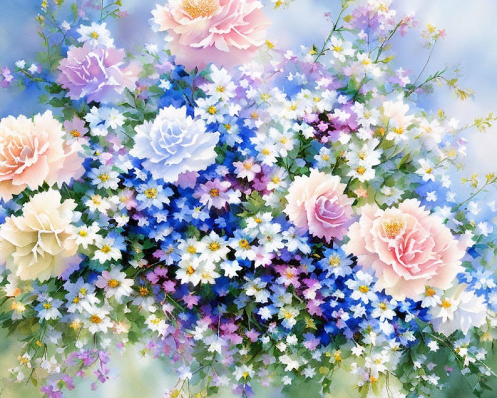 Colorful floral painting with pink, white, and blue blossoms on a soft, blurry background