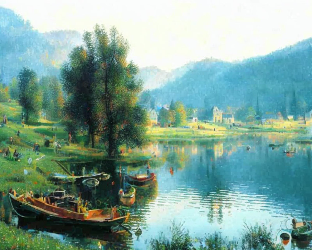 Tranquil landscape painting of serene lake with boats and lush greenery.