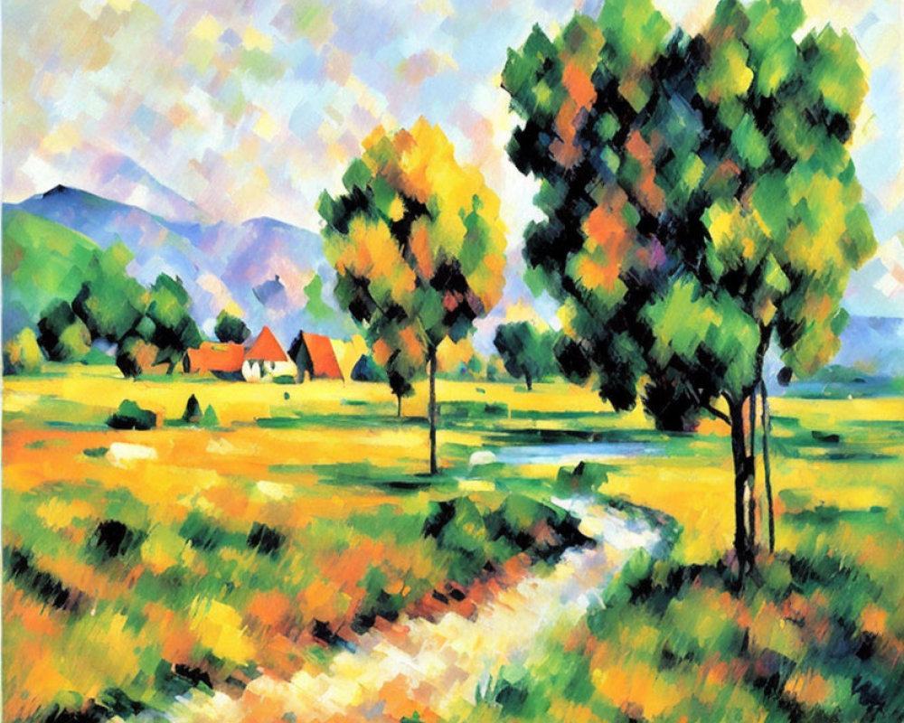 Vibrant Countryside Scene with Trees and Houses in Impressionist Style
