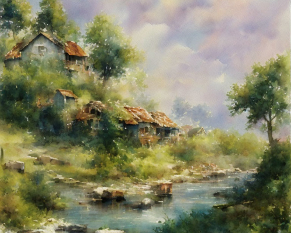 Rustic Village Watercolor with River and Trees