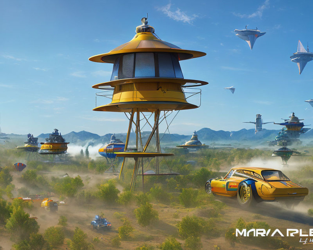 Futuristic desert landscape with flying cars and elevated buildings