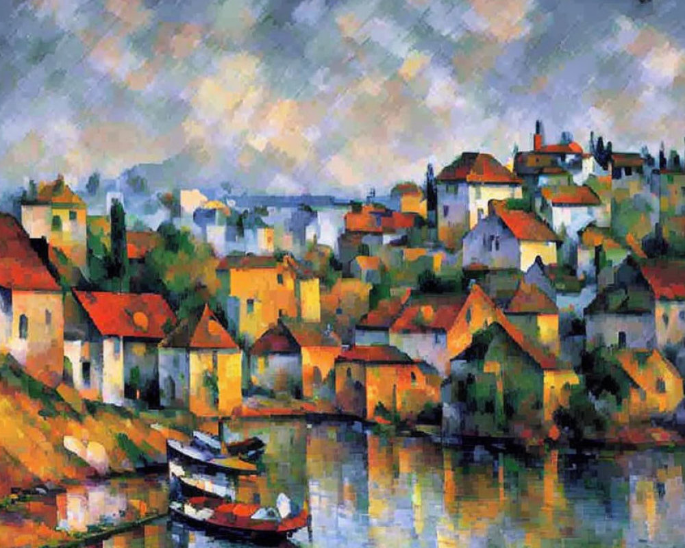 Colorful Impressionist Painting of Riverside Village
