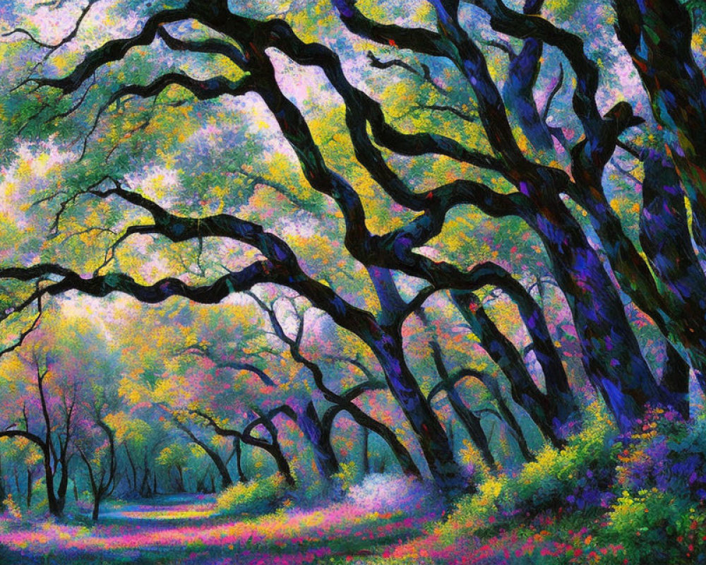 Colorful magical forest painting with twisted trees and vibrant foliage