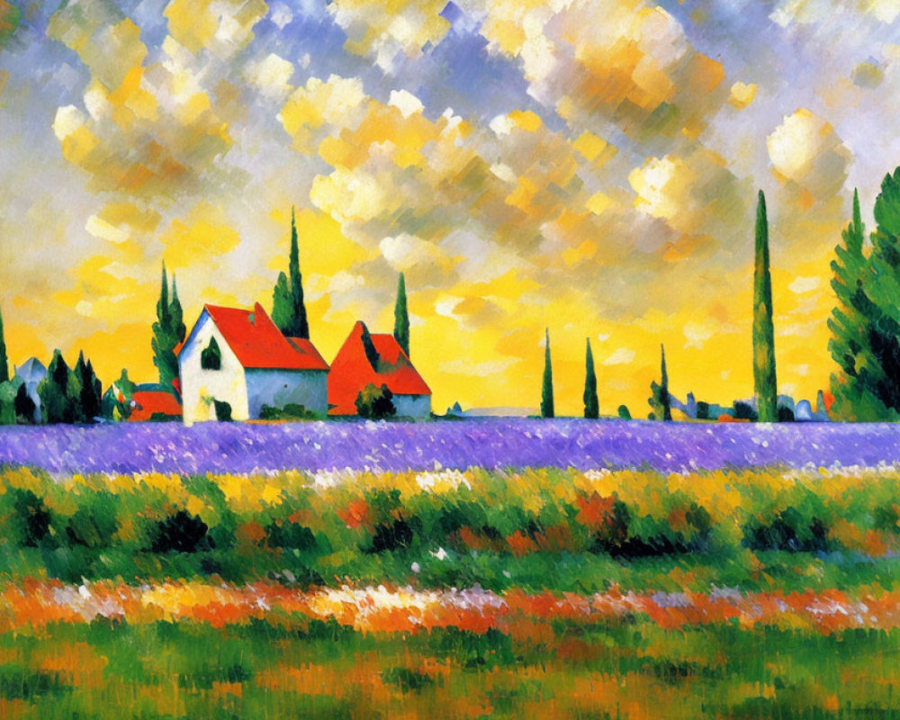 Vibrant Impressionist Landscape with Purple Flowers and Red-roofed Houses