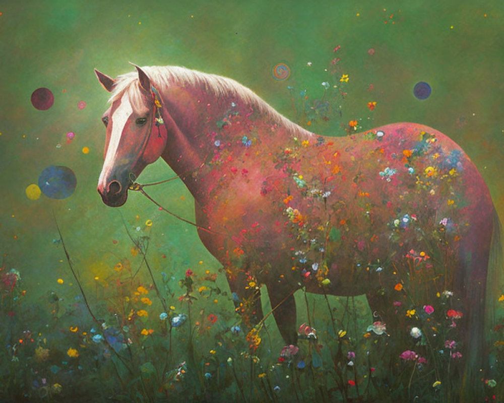 Transparent horse with flower-filled body on mystical green background