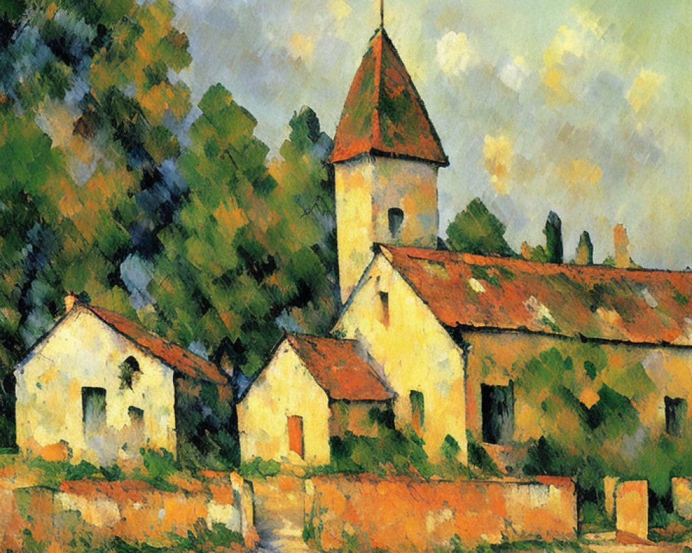 Impressionist Church Painting with Spire and Trees