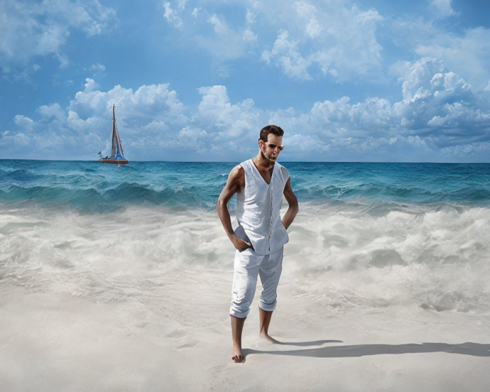 Man in white attire on sandy beach with ocean and sailboat in background