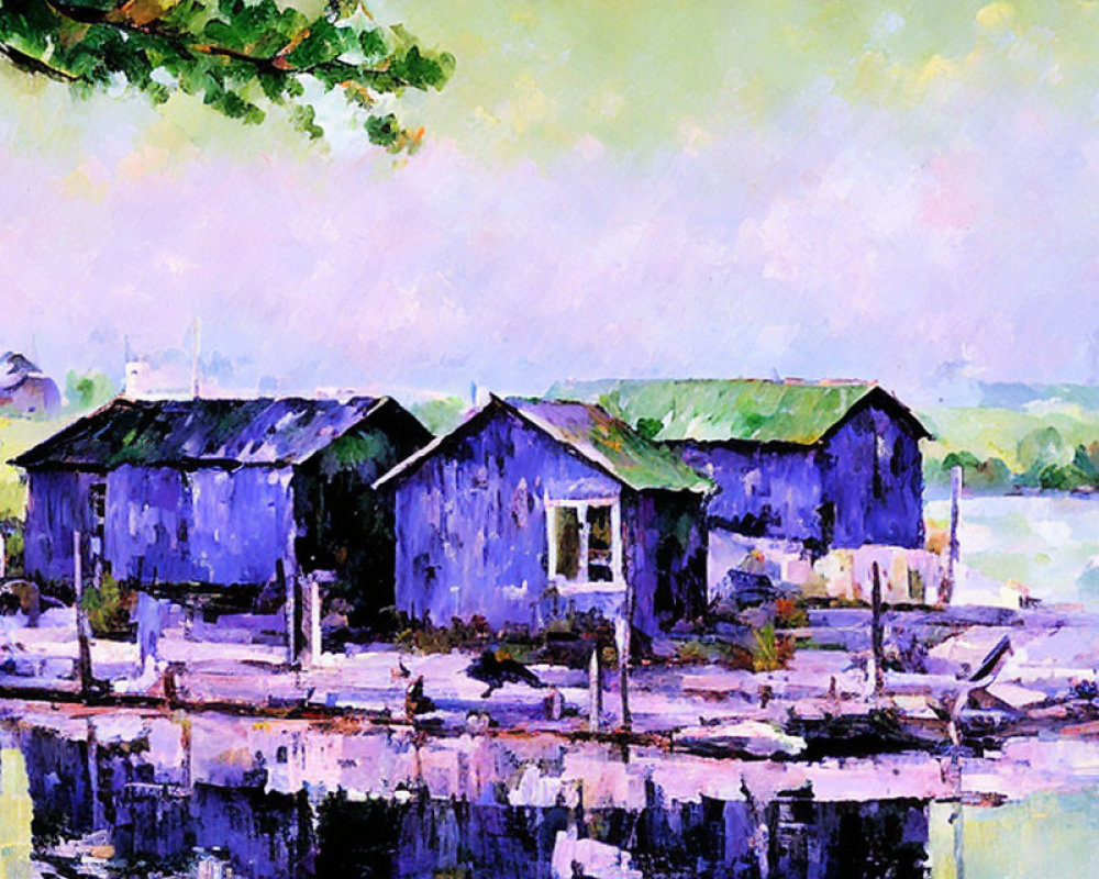 Impressionist-style painting of blue cabins by water with dock and boat