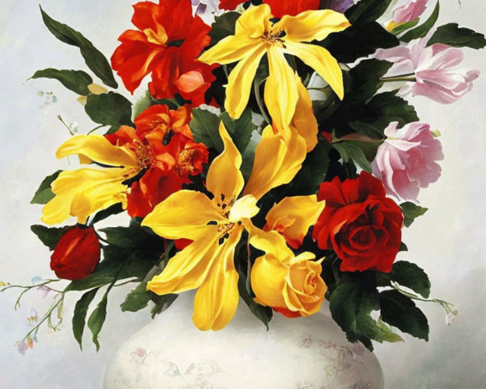 Assorted colorful flowers in white vase on pale background