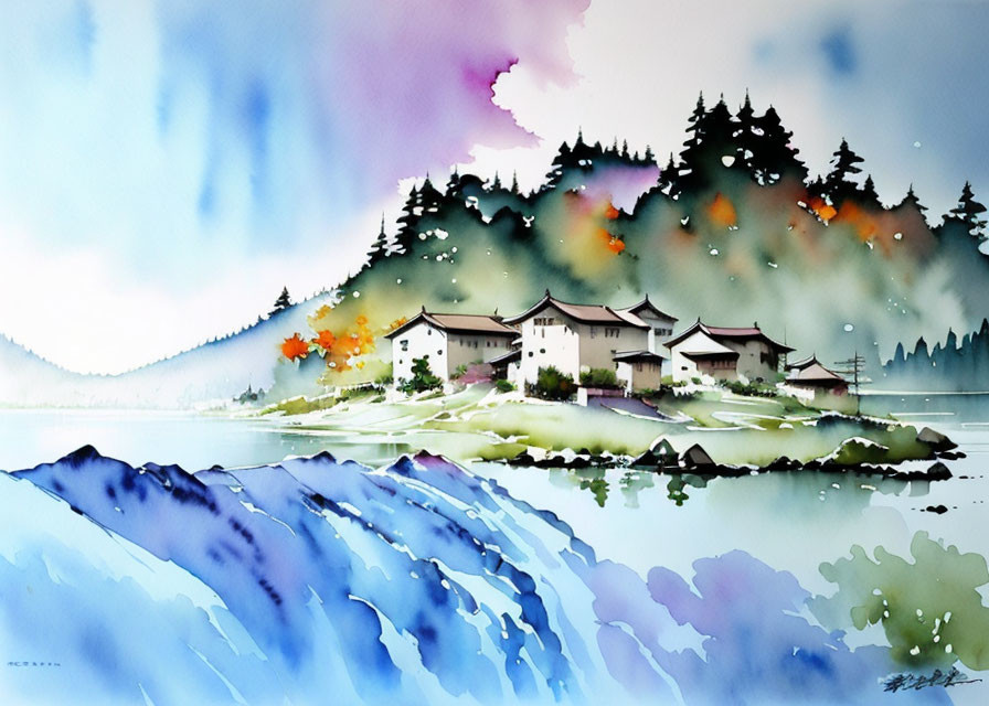 Tranquil lakeside village watercolor landscape with traditional houses, lush hills, and vibrant flora