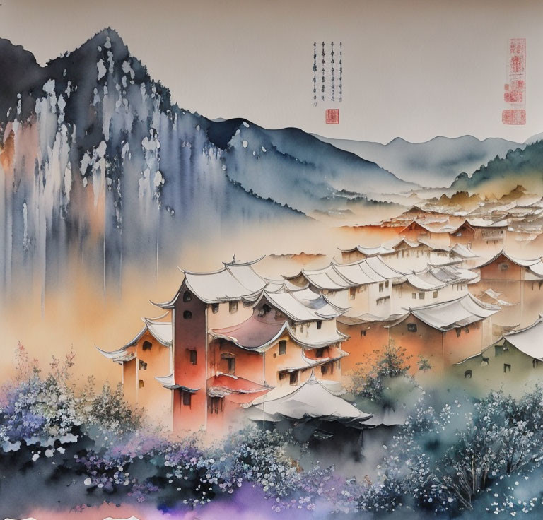 Serene Asian watercolor painting of misty mountain village