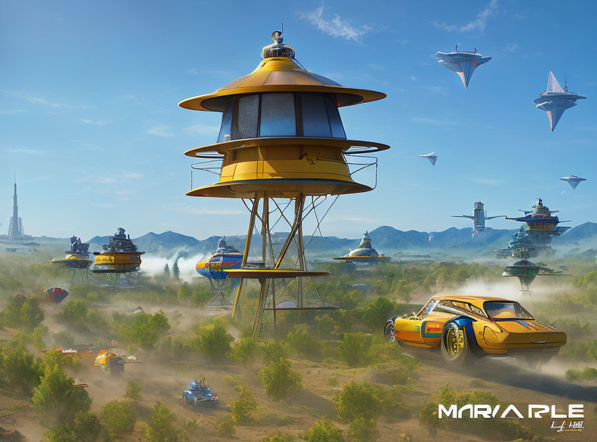 Futuristic desert landscape with flying cars and elevated buildings