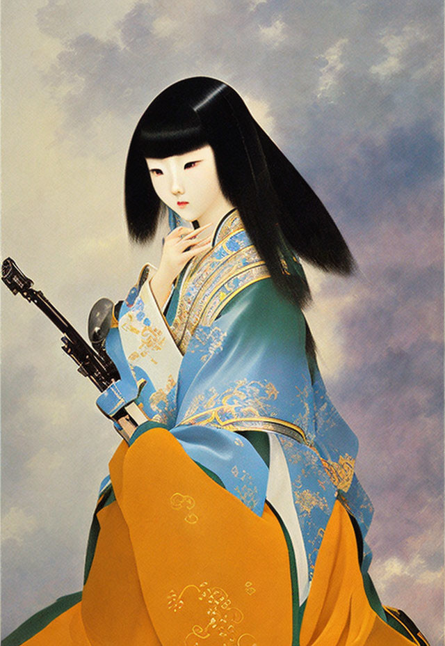 Traditional Japanese woman in colorful kimono holding shamisen under cloudy sky