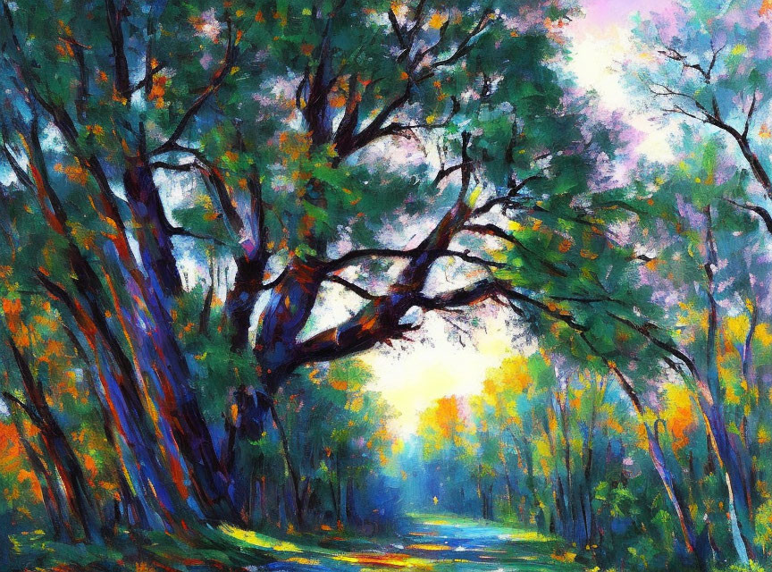 Colorful impressionist painting of sunlit forest path