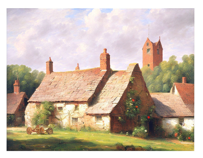 Rural scene with cottage, plants, cart, and distant church